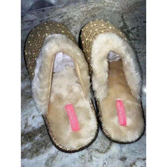 Isaac Mizrahi NY Gold Faux Fur Bedroom Slippers Size 8 - Picture 5 of 7